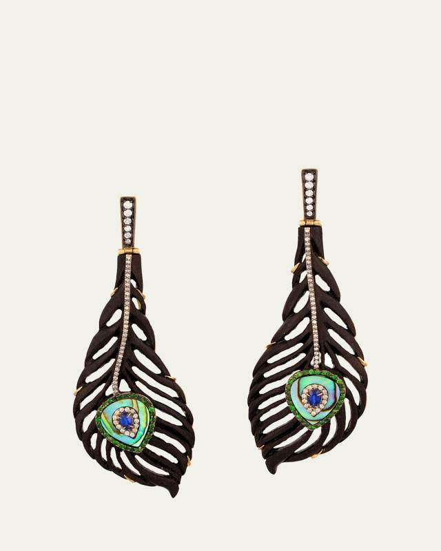 18K Yellow Gold Carved Brauna Wood Peacock Earrings with Diamonds, Kyanite and Tsavorites